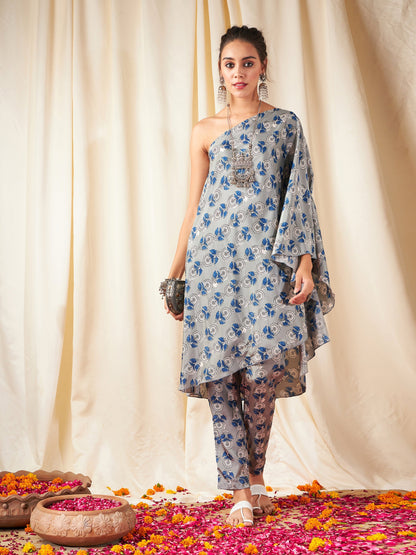 Grey Floral One Shoulder Kaftan Top