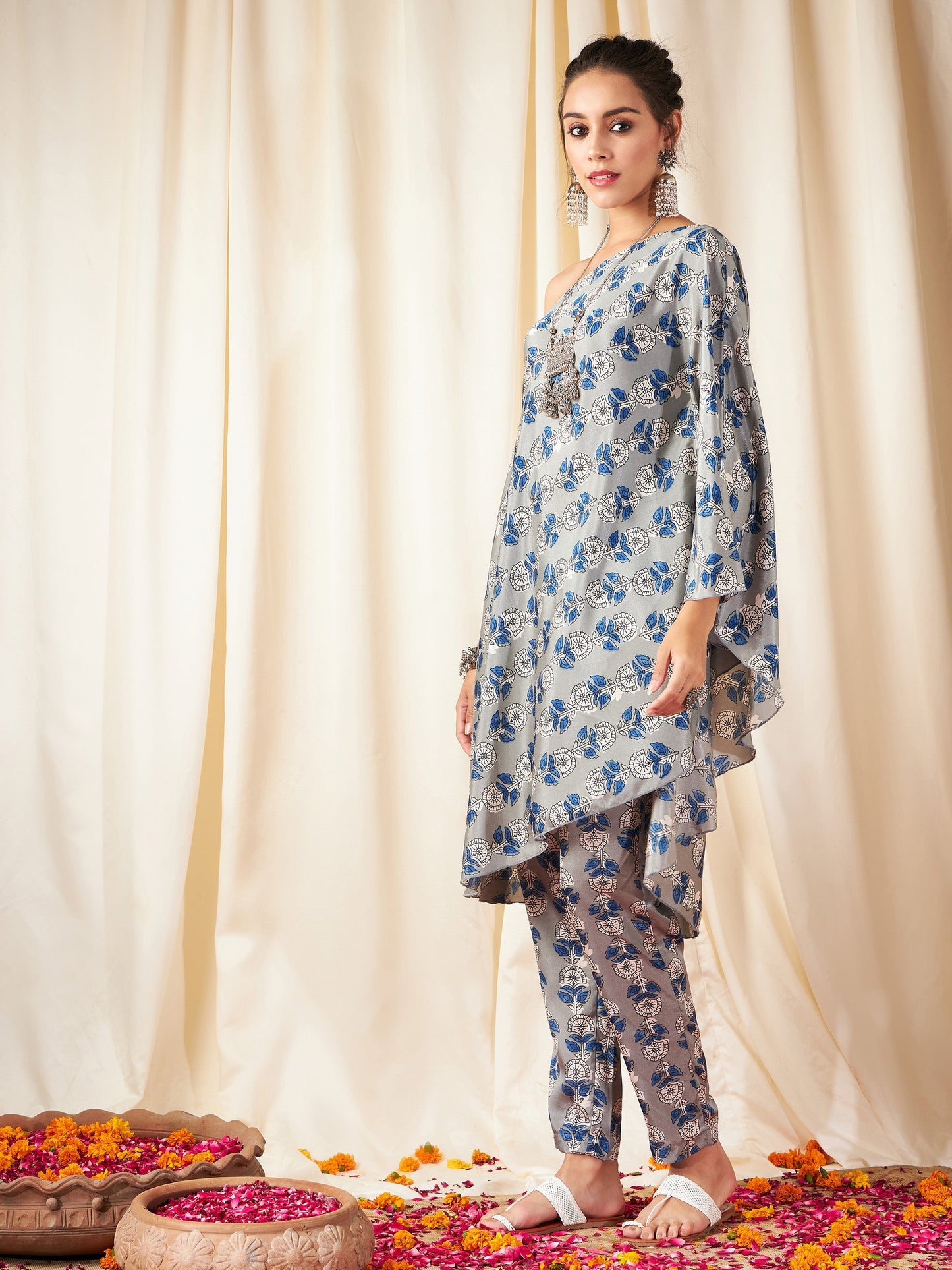 Grey Floral One Shoulder Kaftan Top