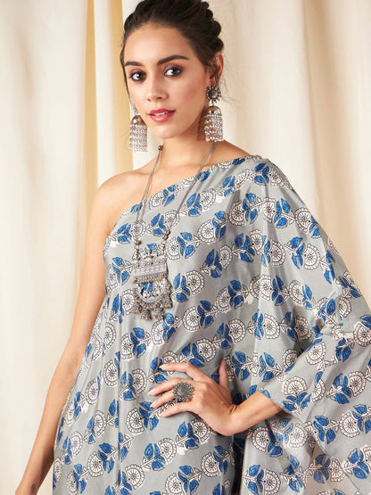 Grey Floral One Shoulder Kaftan Top