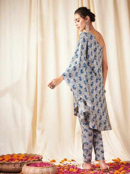 Grey Floral One Shoulder Kaftan Top