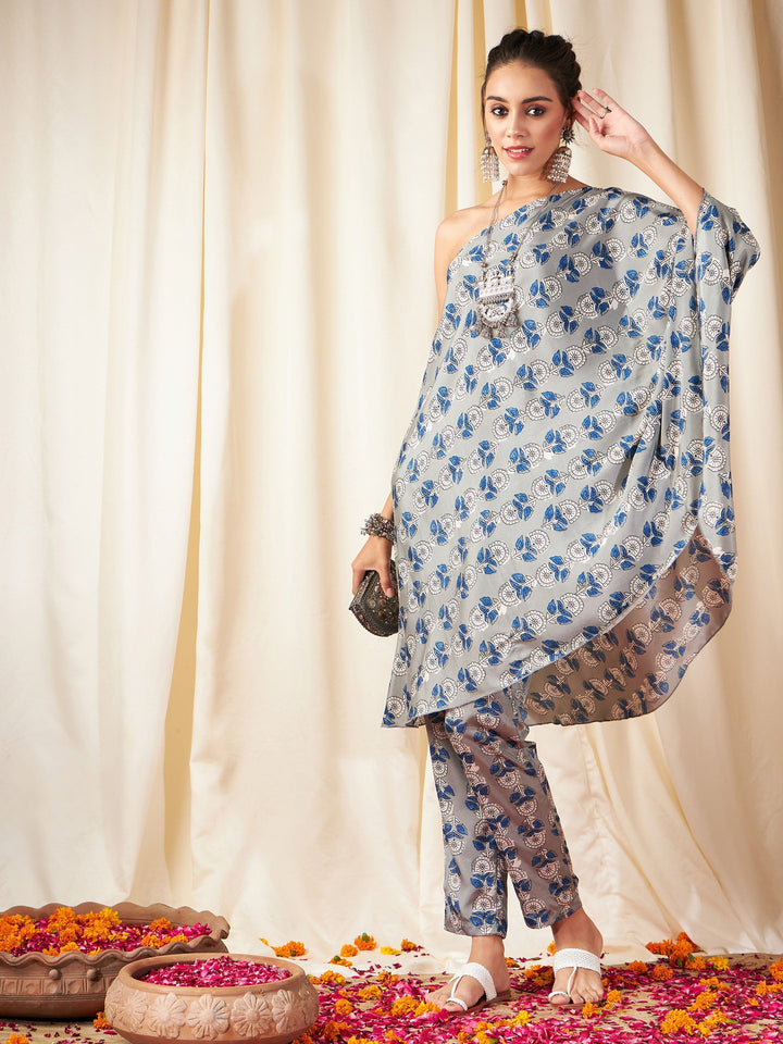 Grey Floral One Shoulder Kaftan Top