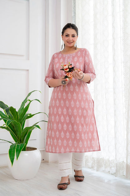 Plus Size Pink Printed Straight Kurta