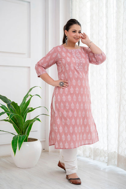 Plus Size Pink Printed Straight Kurta