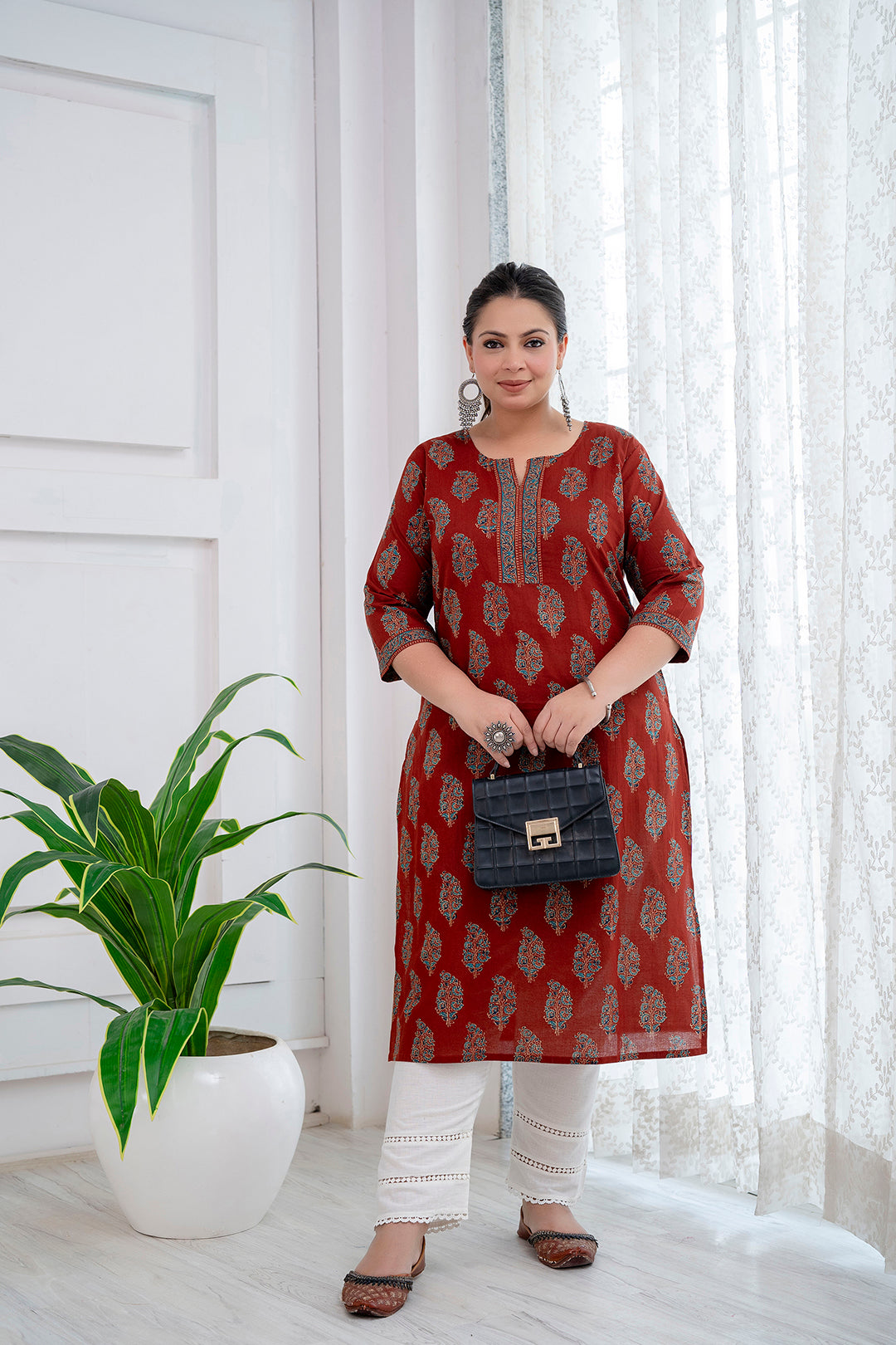 Plus Size Maroon Printed Straight Kurta
