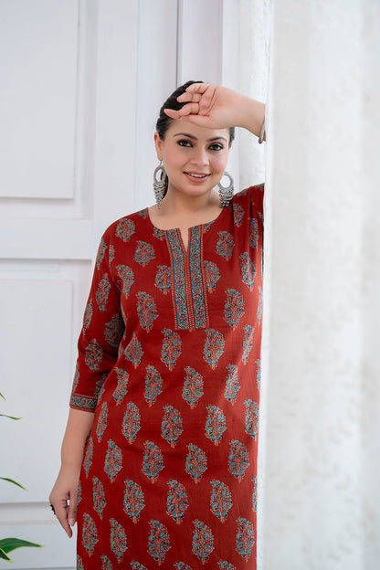 Plus Size Maroon Printed Straight Kurta