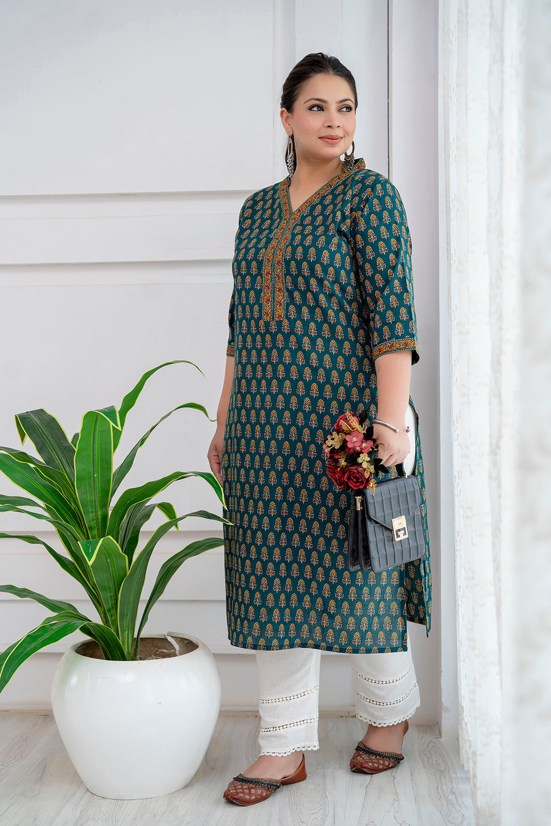 Plus Size Green Printed Straight kurta