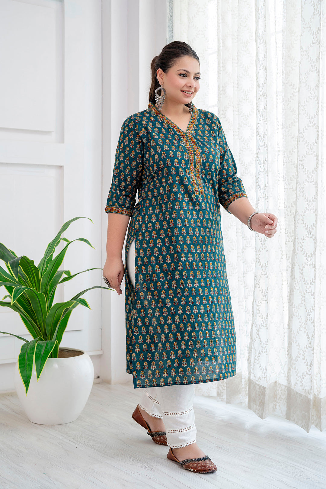 Plus Size Green Printed Straight kurta