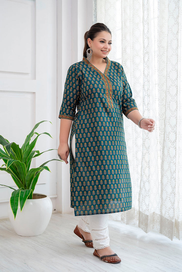 Plus Size Green Printed Straight kurta