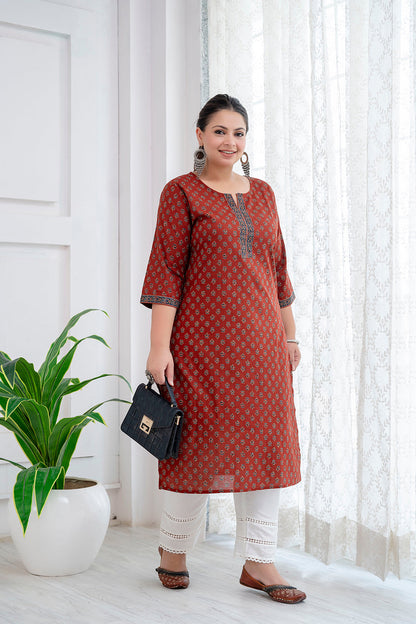 Plus Size Maroon Printed Straight kurta