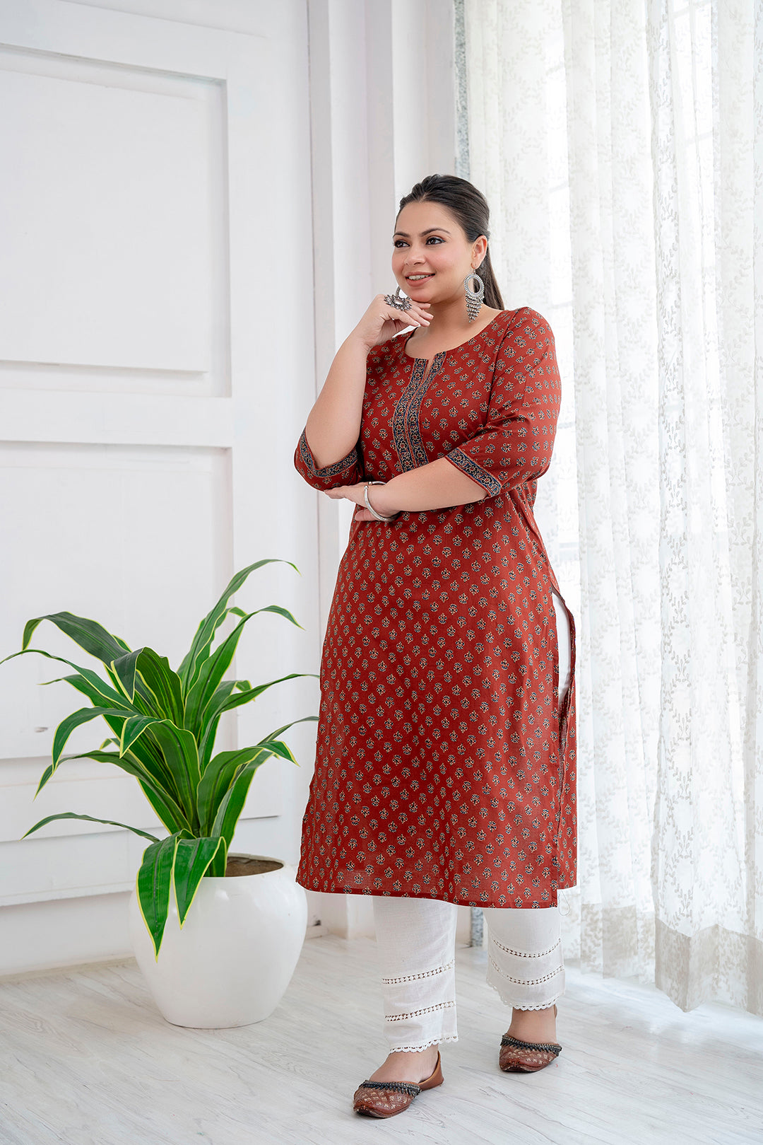 Plus Size Maroon Printed Straight kurta