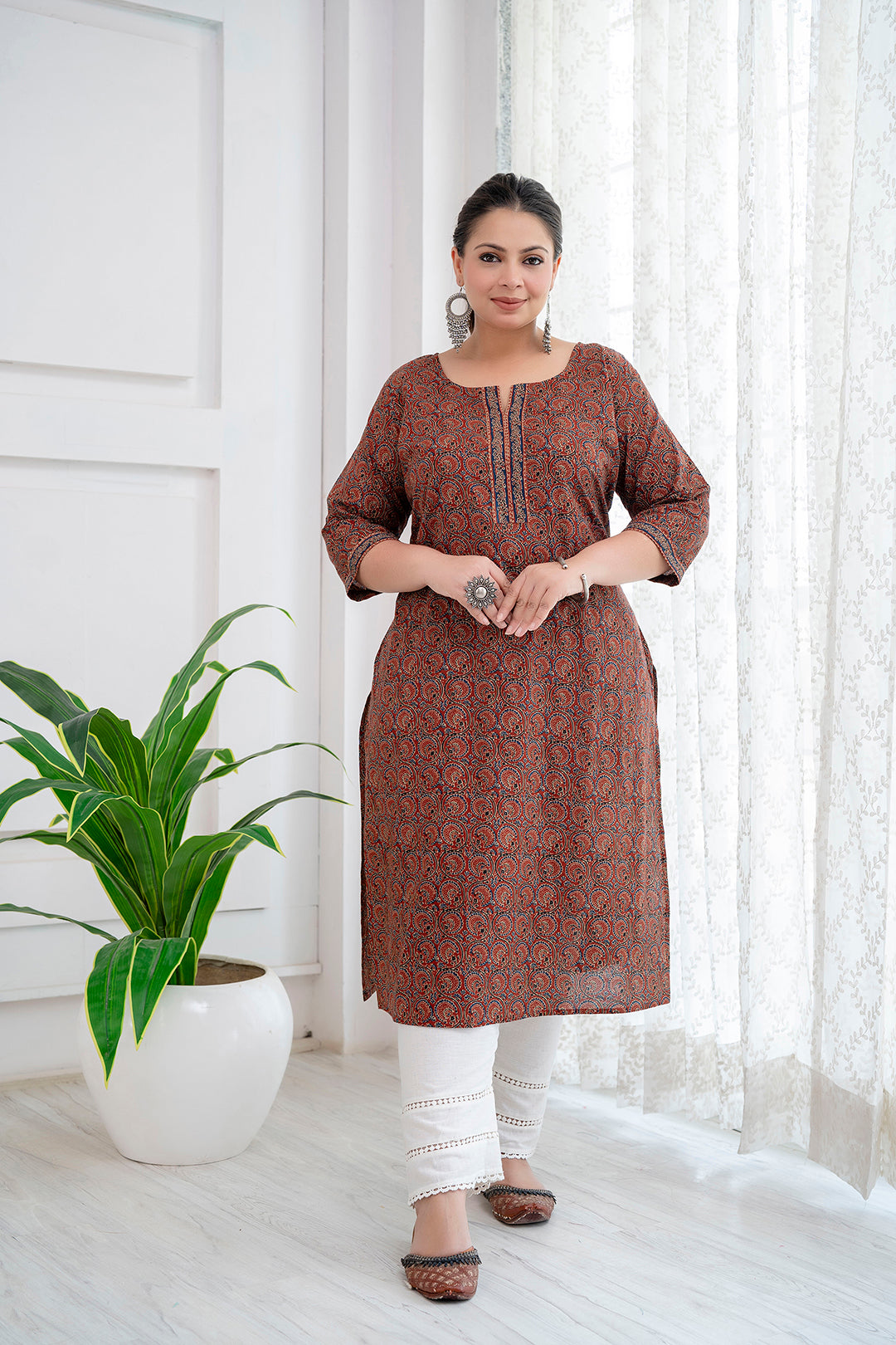 Plus Size Rust Printed Straight Kurta