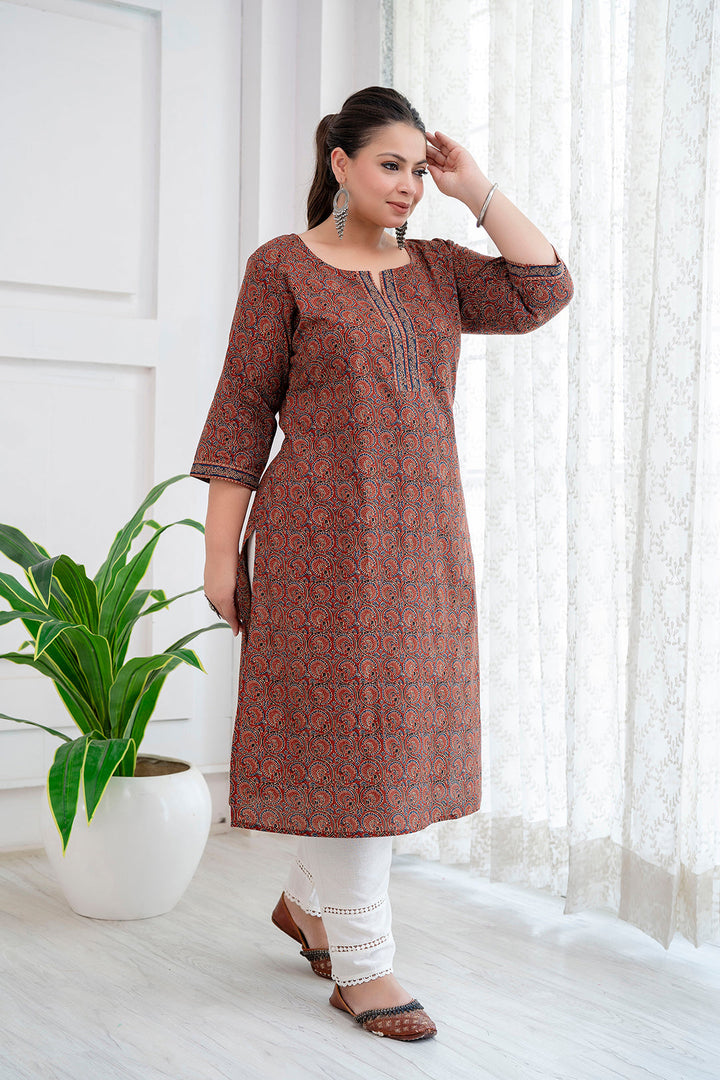 Plus Size Rust Printed Straight Kurta