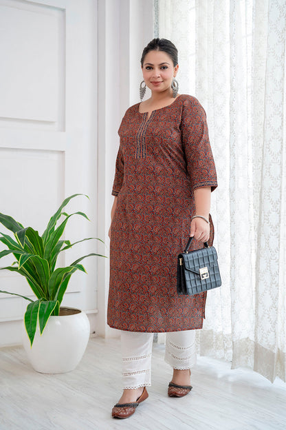 Plus Size Rust Printed Straight Kurta