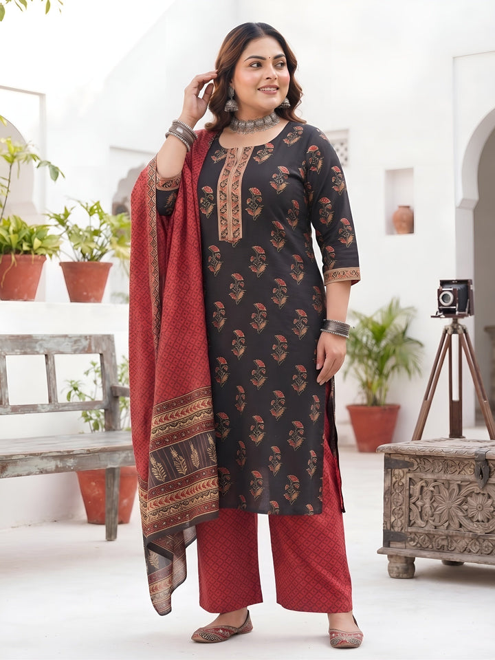 Plus Size Printed Straight Kurta With Palazo &amp; Dupatta