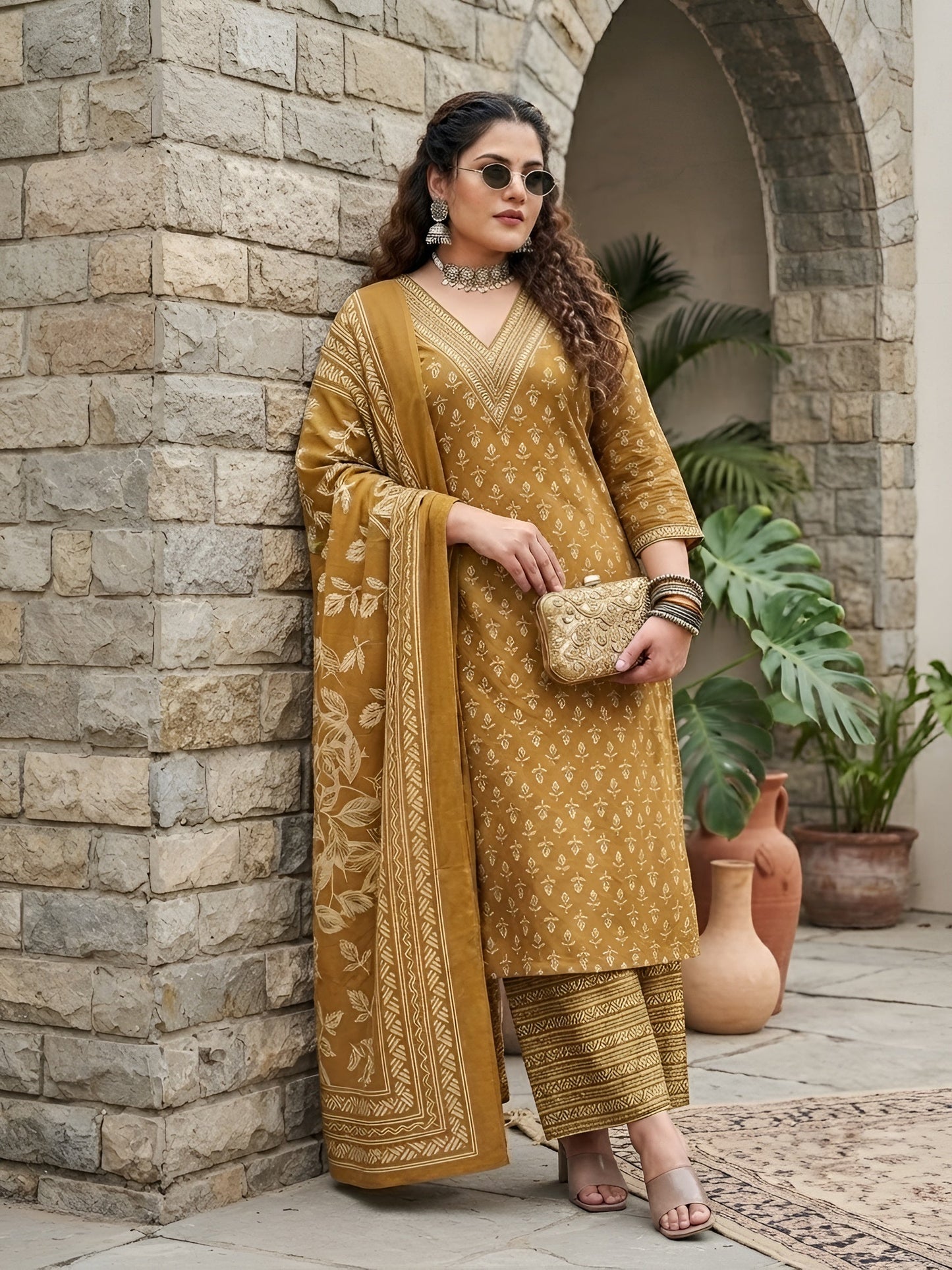 Plus Size Printed Straight Kurta With Palazo & Dupatta