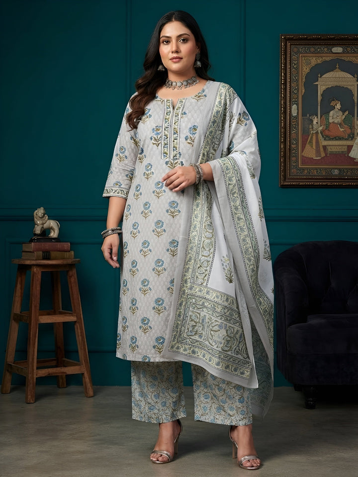 Plus Size Printed Straight Kurta With Palazo &amp; Dupatta