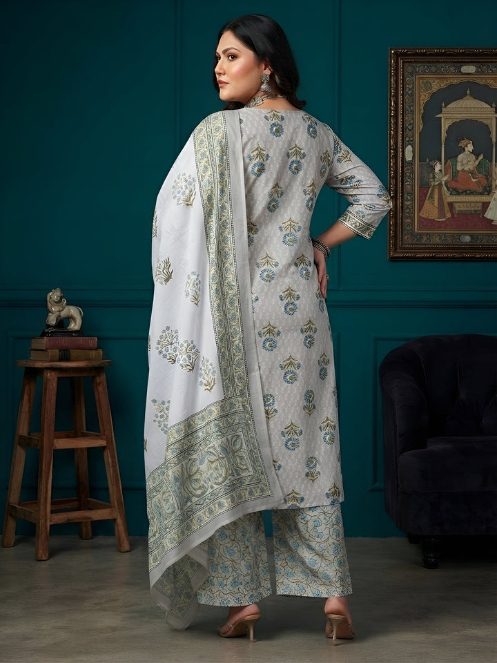 Plus Size Printed Straight Kurta With Palazo &amp; Dupatta
