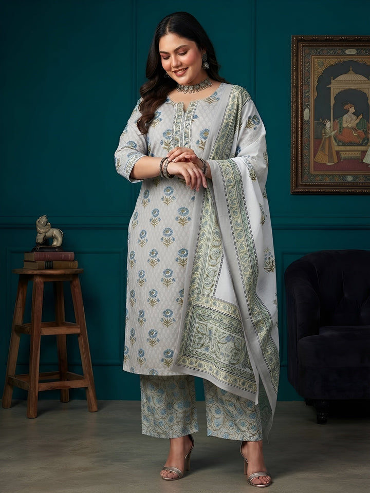 Plus Size Printed Straight Kurta With Palazo &amp; Dupatta