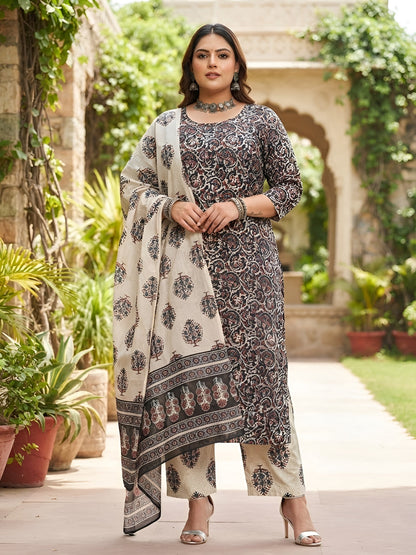 Plus Size Printed Straight Kurta With Palazo & Dupatta