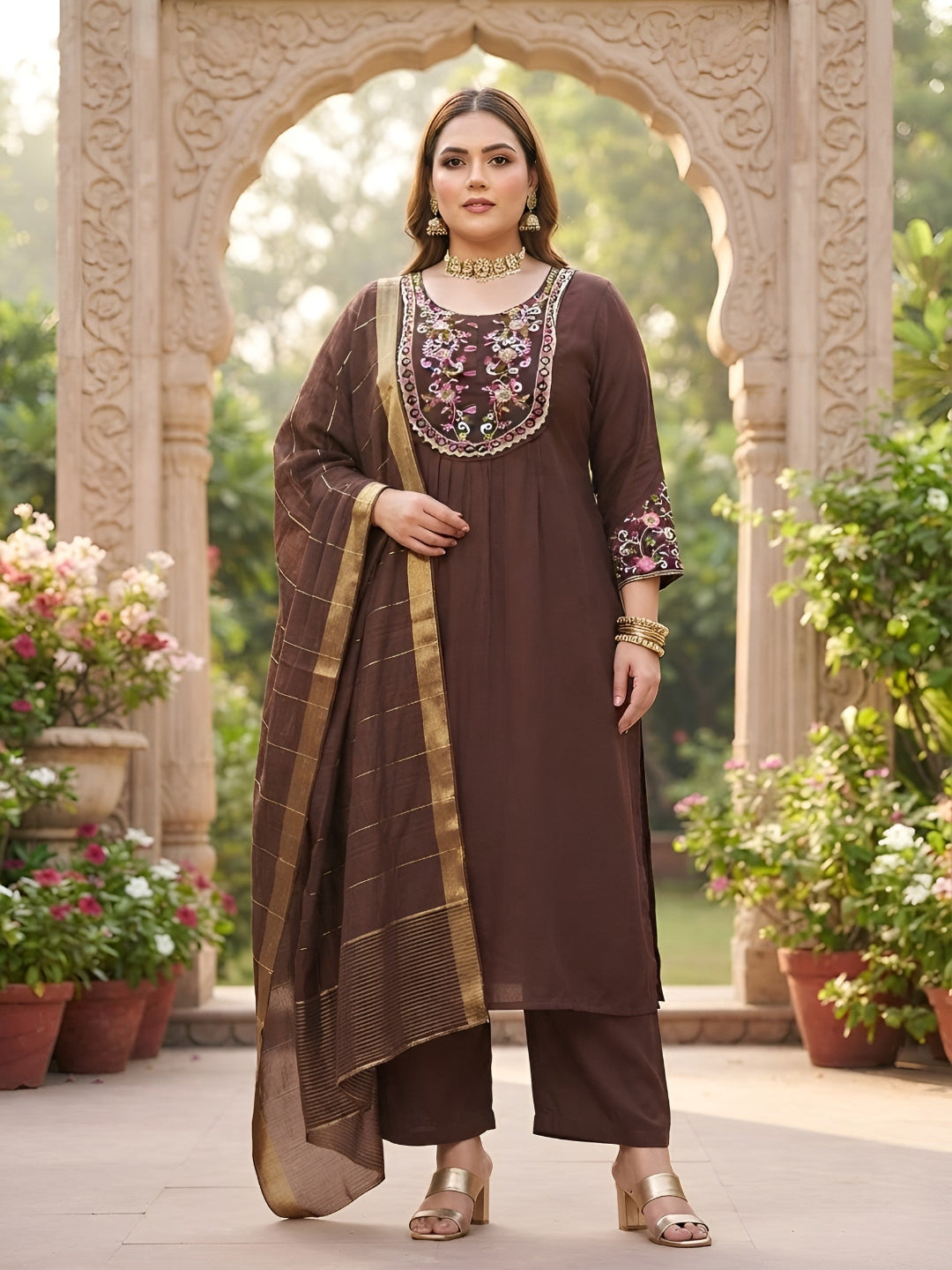 Plus Size Brown Embroidered Kurta With Palazo & Dupatta
