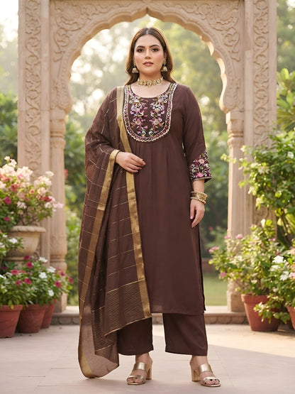 Plus Size Brown Embroidered Kurta With Palazo & Dupatta