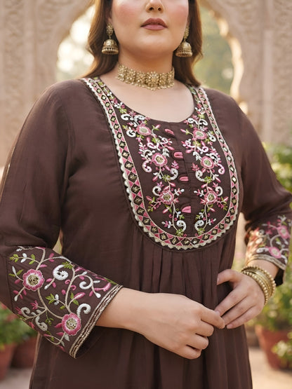 Plus Size Brown Embroidered Kurta With Palazo & Dupatta