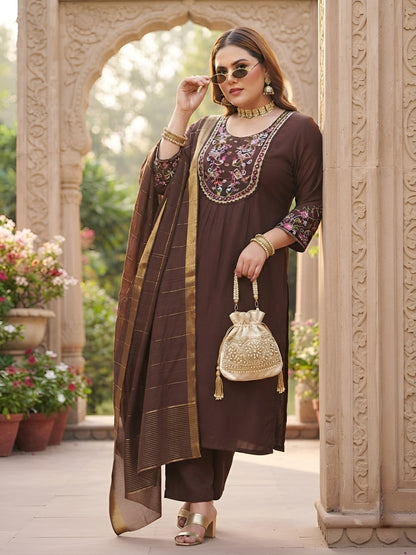 Plus Size Brown Embroidered Kurta With Palazo & Dupatta