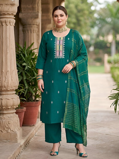 Plus Size Green Embroidered Kurta With Palazo & Dupatta