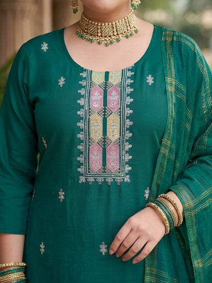 Plus Size Green Embroidered Kurta With Palazo & Dupatta