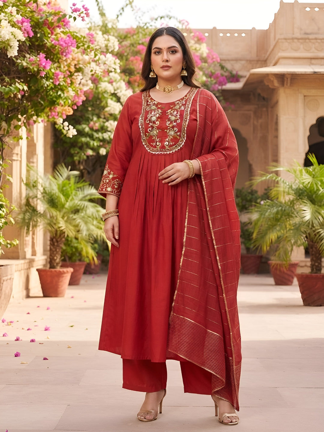 Plus Size Red Embroidered Kurta With Palazo & Dupatta