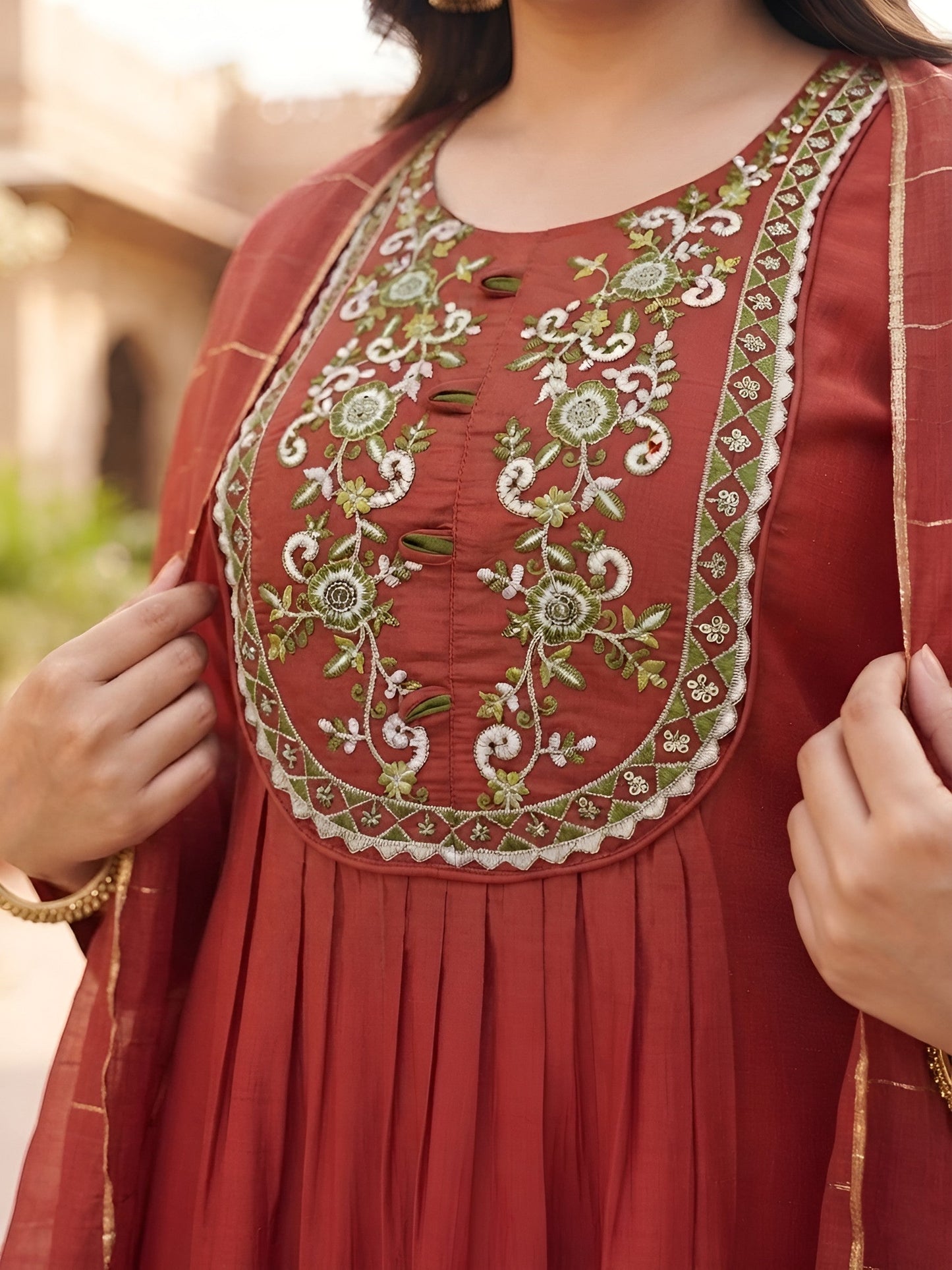 Plus Size Red Embroidered Kurta With Palazo & Dupatta
