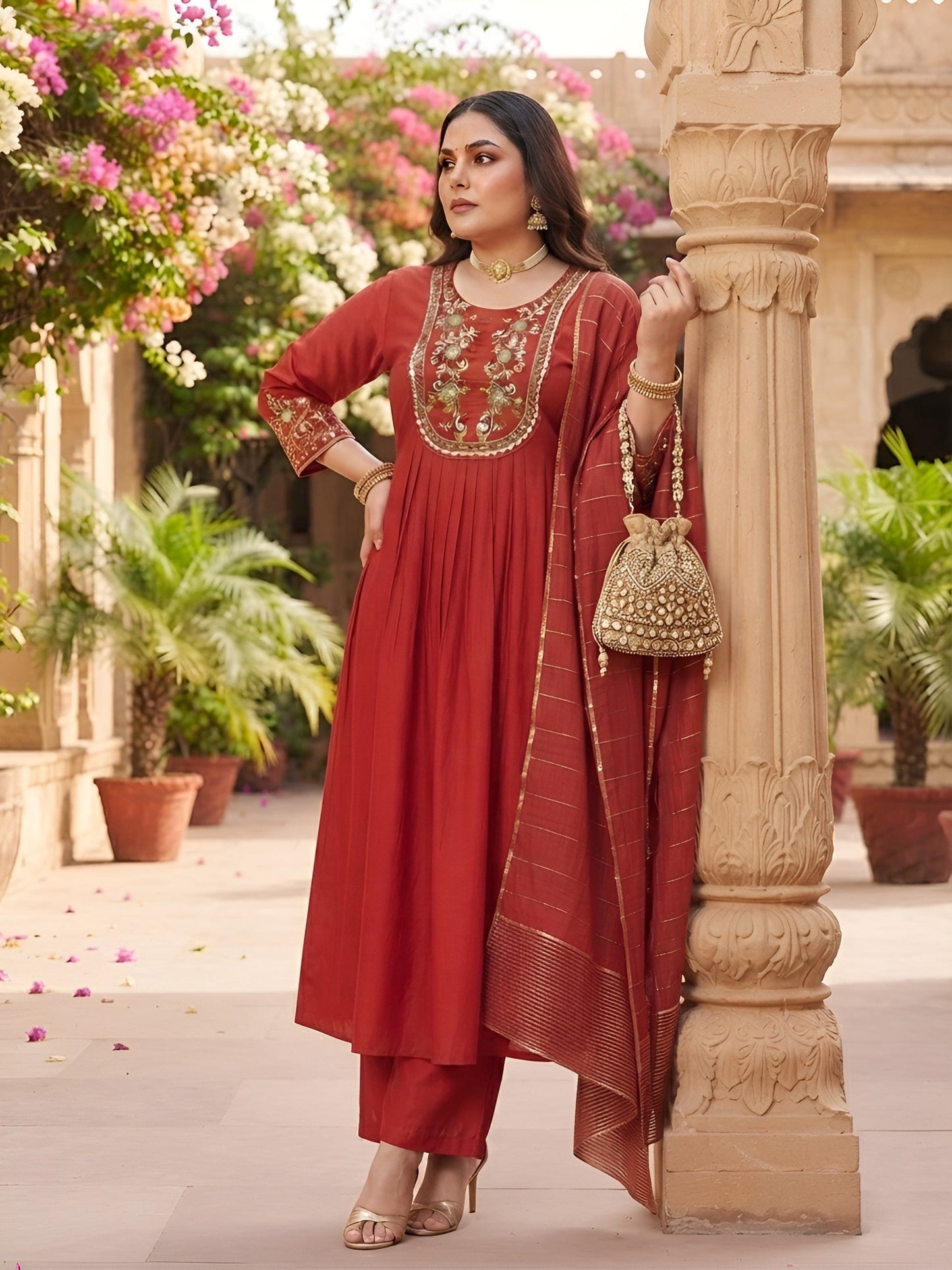 Plus Size Red Embroidered Kurta With Palazo & Dupatta