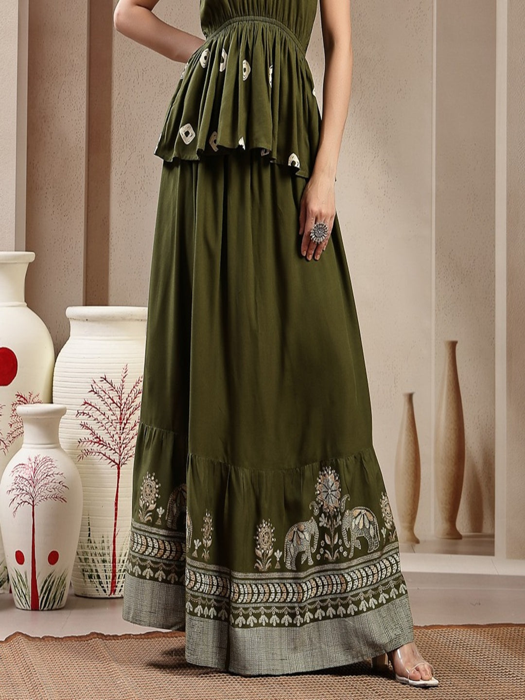 Animal &amp; Floral Printed Tiered Rayon Skirt
