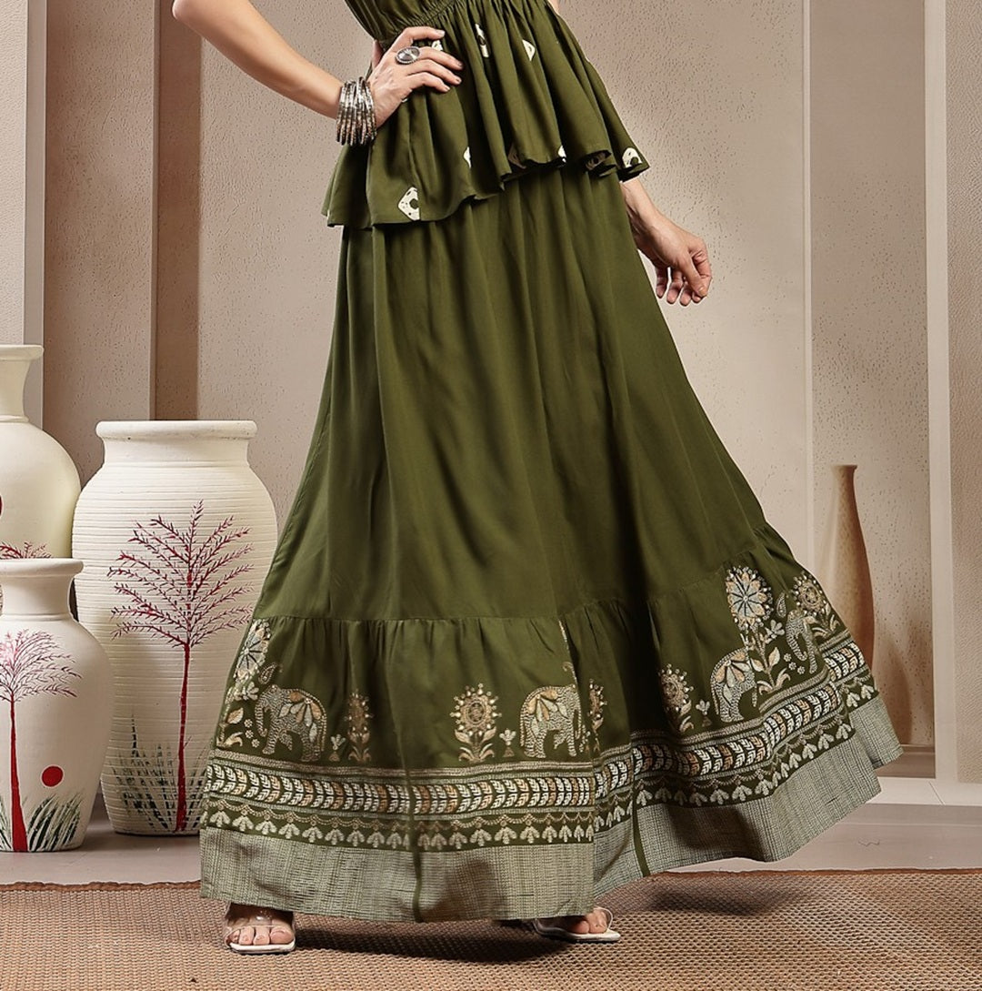 Animal &amp; Floral Printed Tiered Rayon Skirt