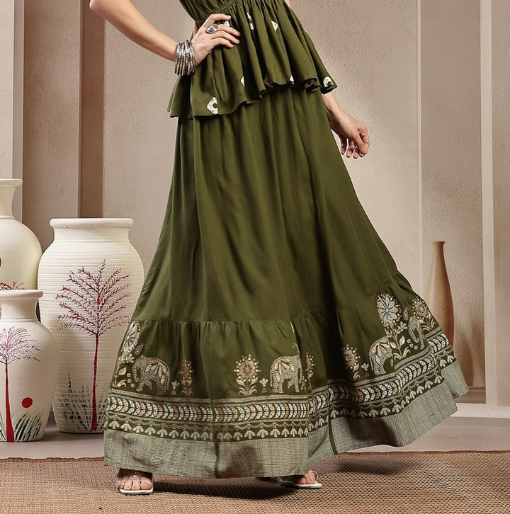 Animal &amp; Floral Printed Tiered Rayon Skirt