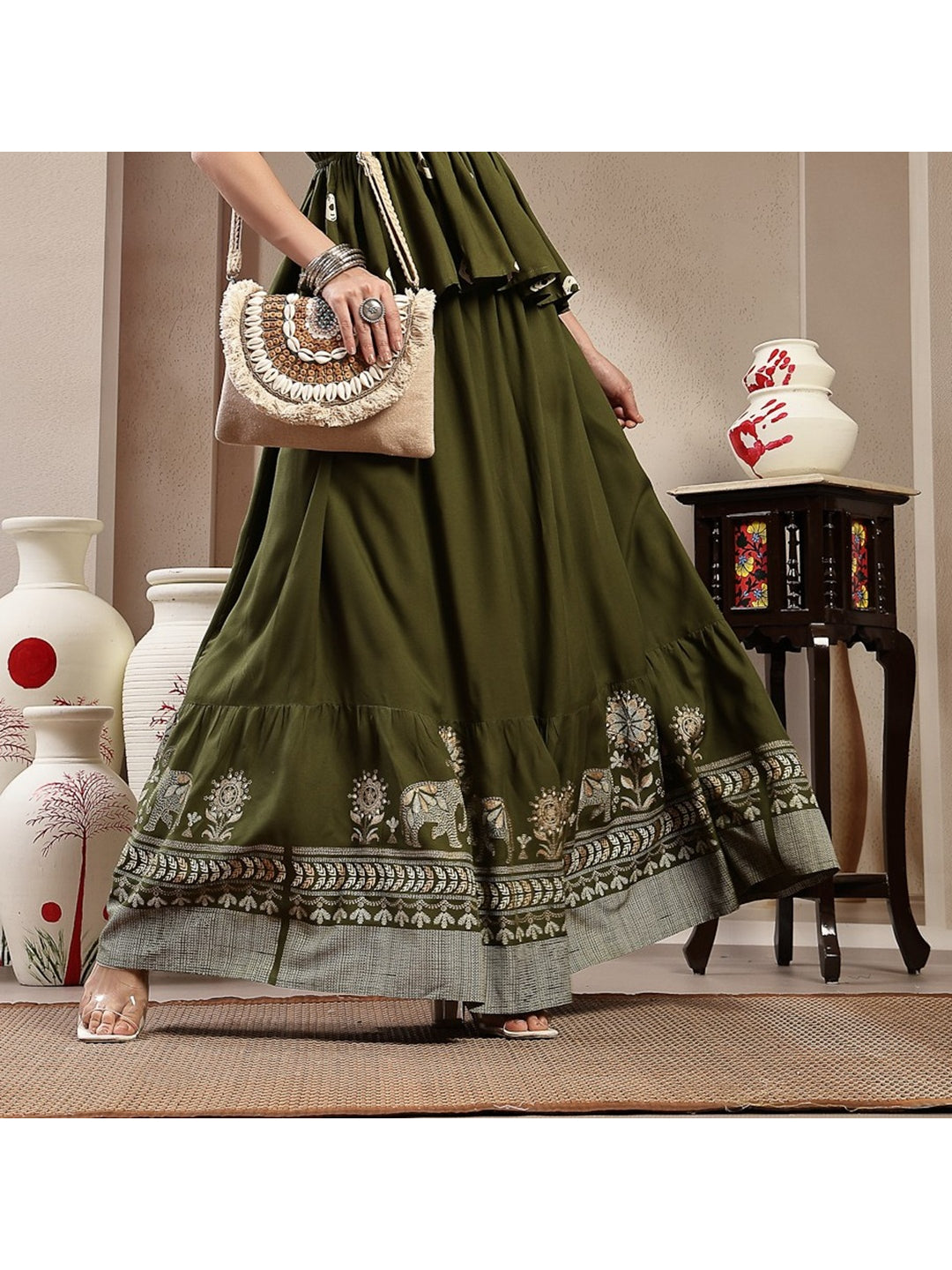 Animal &amp; Floral Printed Tiered Rayon Skirt