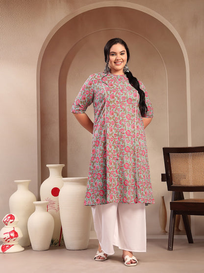 Plus Size Sky Blue Floral Printed Cotton A-Line Kurta (Pre-Order)
