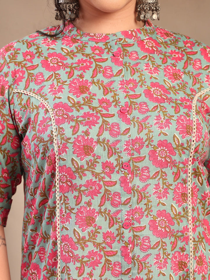 Plus Size Sky Blue Floral Printed Cotton A-Line Kurta