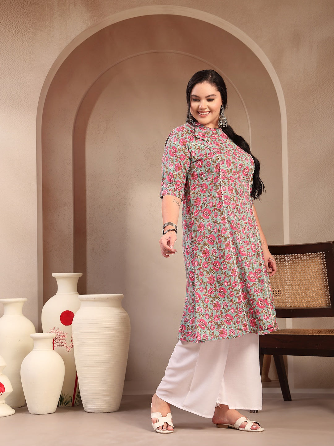 Plus Size Sky Blue Floral Printed Cotton A-Line Kurta