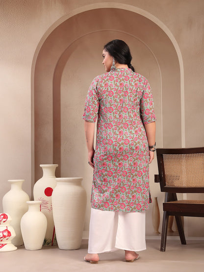 Plus Size Sky Blue Floral Printed Cotton A-Line Kurta (Pre-Order)