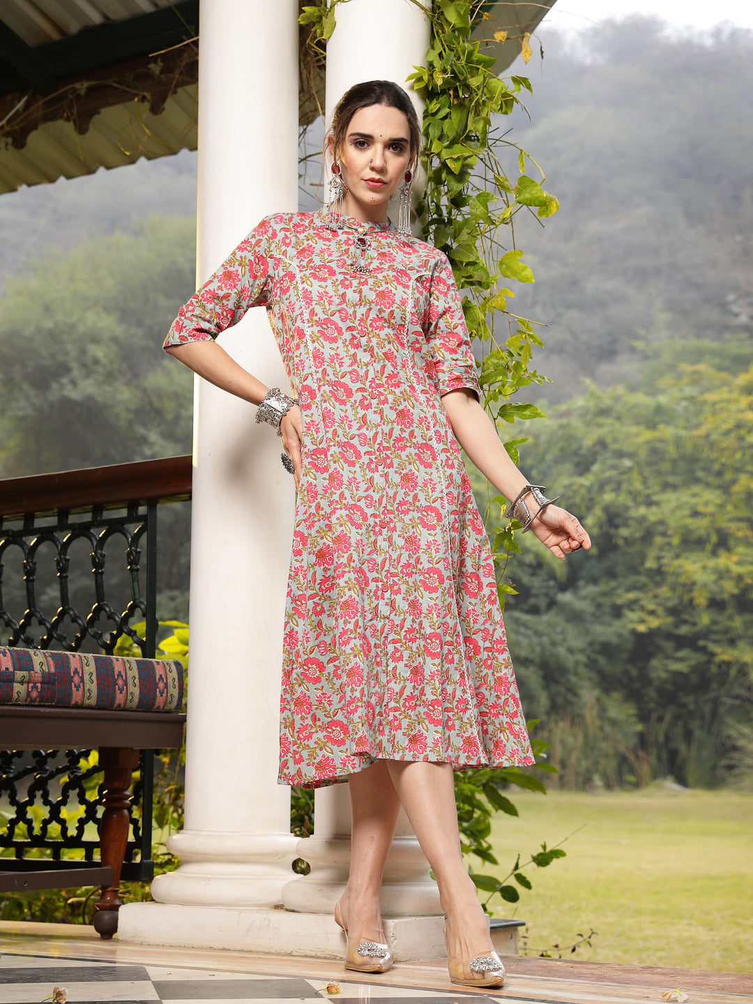Sky Blue Floral Printed Cotton A-Line Kurta