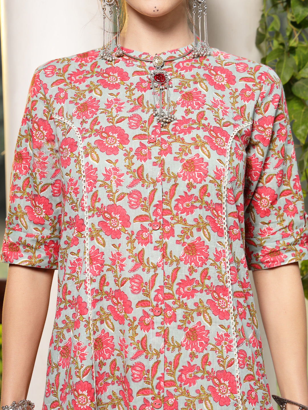 Sky Blue Floral Printed Cotton A-Line Kurta