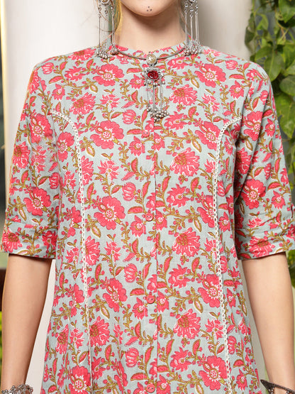 Sky Blue Floral Printed Cotton A-Line Kurta