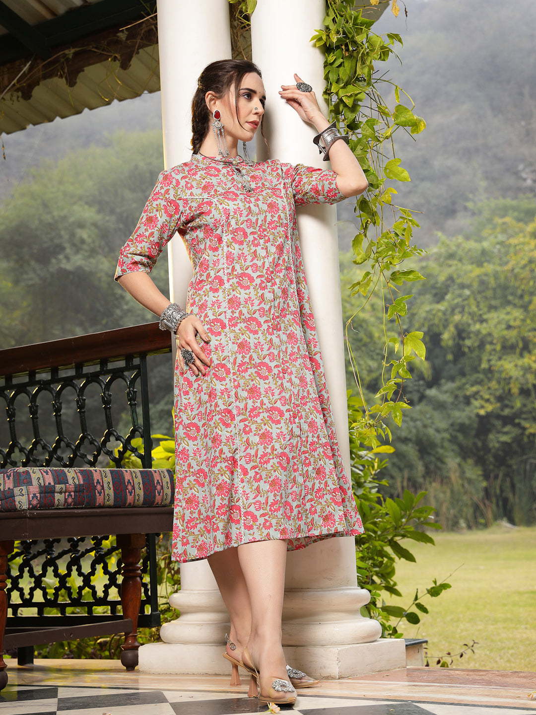 Sky Blue Floral Printed Cotton A-Line Kurta
