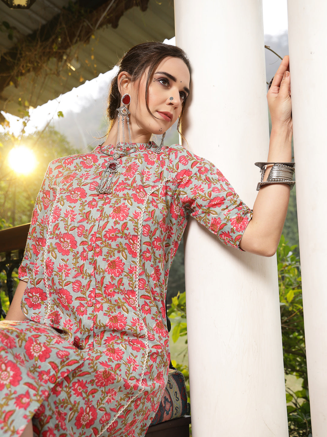 Sky Blue Floral Printed Cotton A-Line Kurta