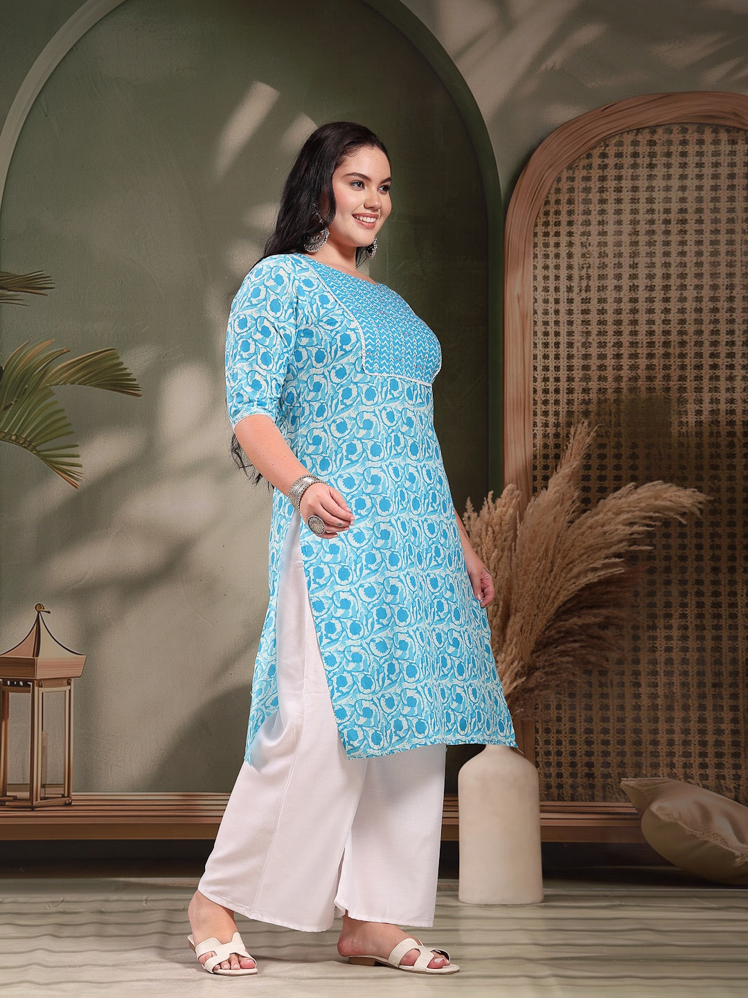 Plus Size Printed Cotton Slub Straight Kurta