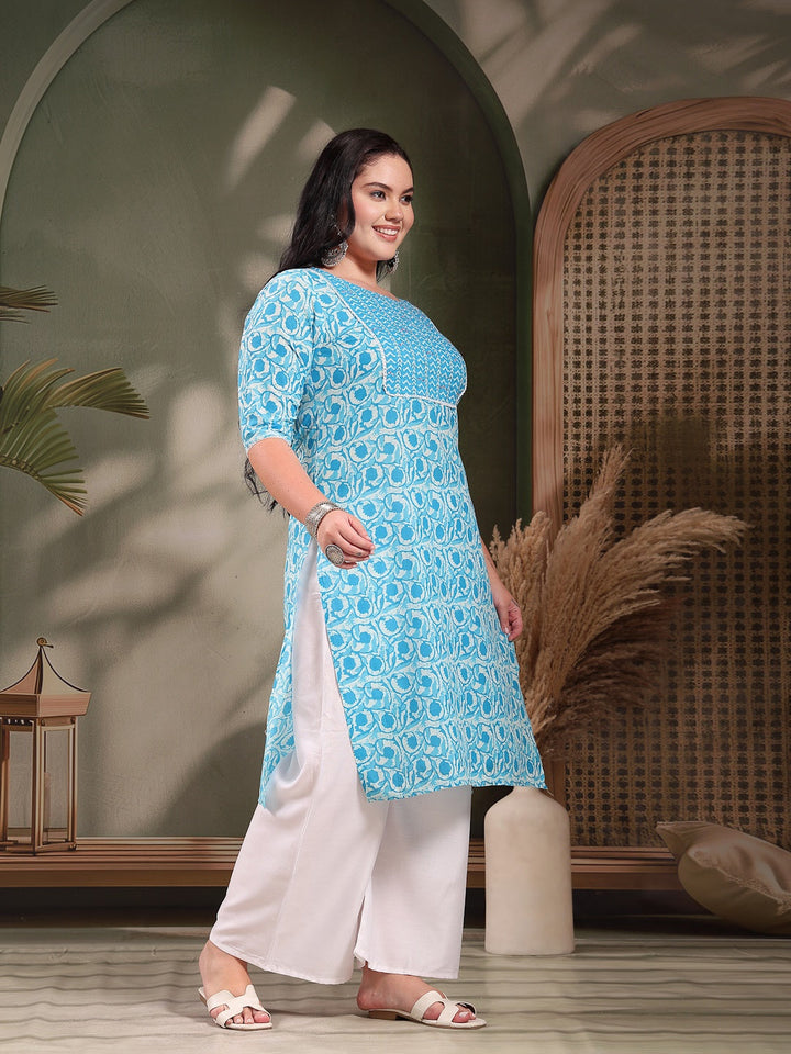 Plus Size Printed Cotton Slub Straight Kurta