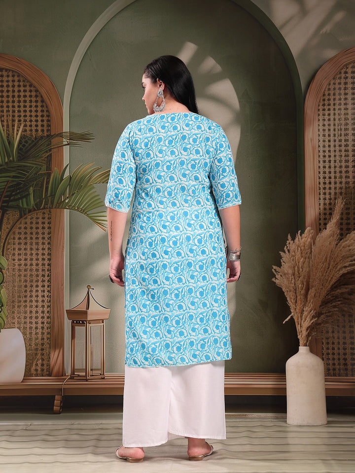 Plus Size Printed Cotton Slub Straight Kurta