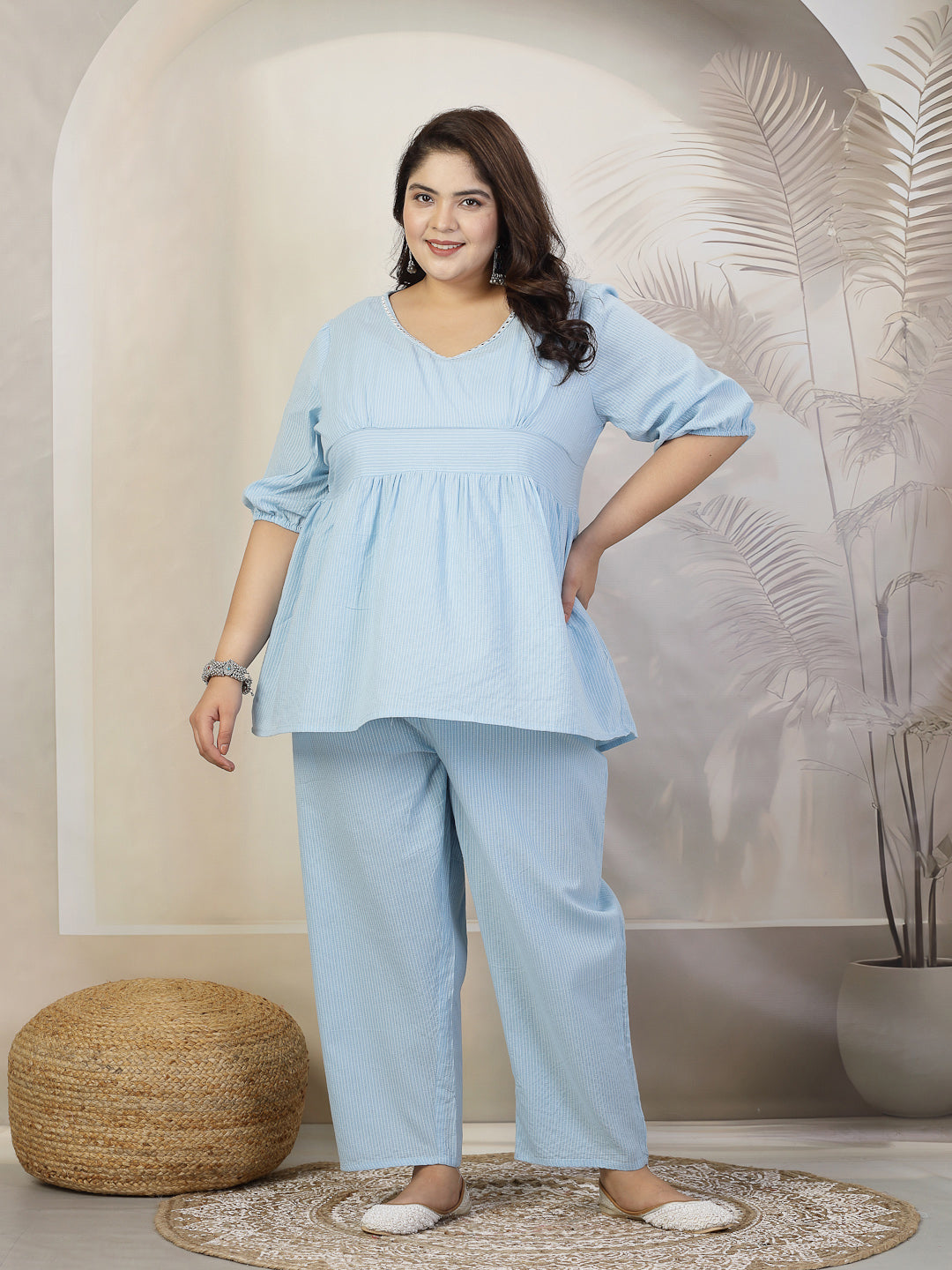 Plus Size Women Self Woven Kantha Cotton Co-Ord Set (Pre-Order)