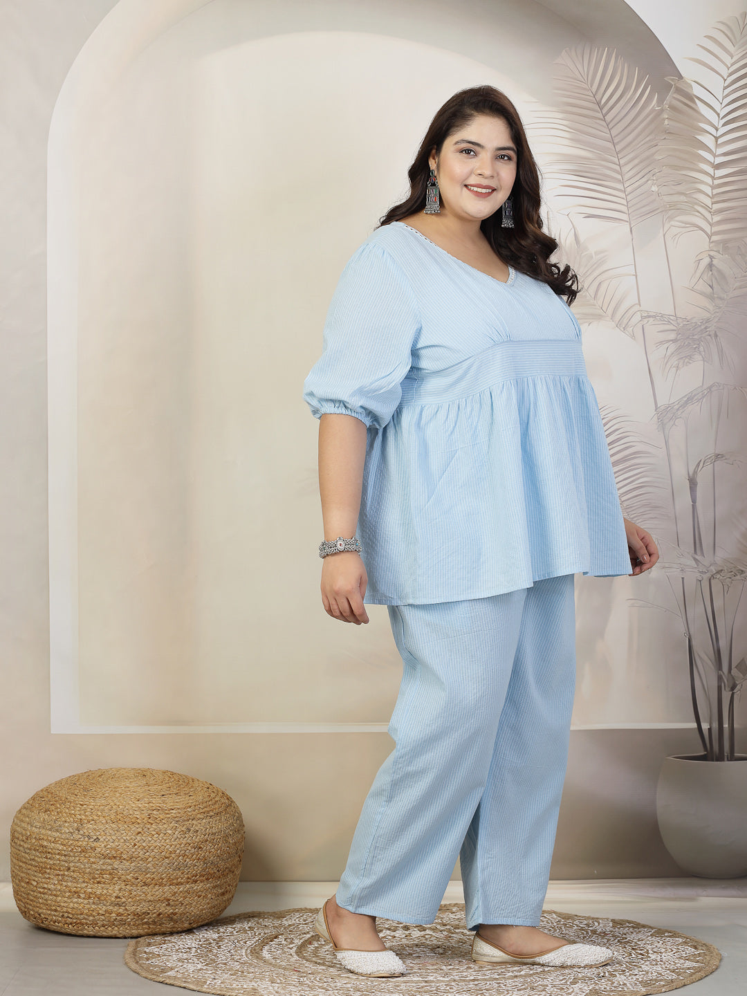 Plus Size Women Self Woven Kantha Cotton Co-Ord Set